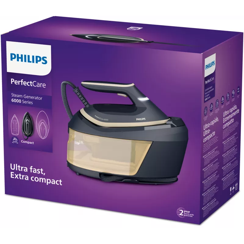 Philips PerfectCare 6000 Series PSG6066/20 höyrysilitysasema, 2400 W, 8 bar, 600 g/min höyrysuihku, 1,8 l säiliö, SteamGlide Advanced -pohja, musta/ruskea