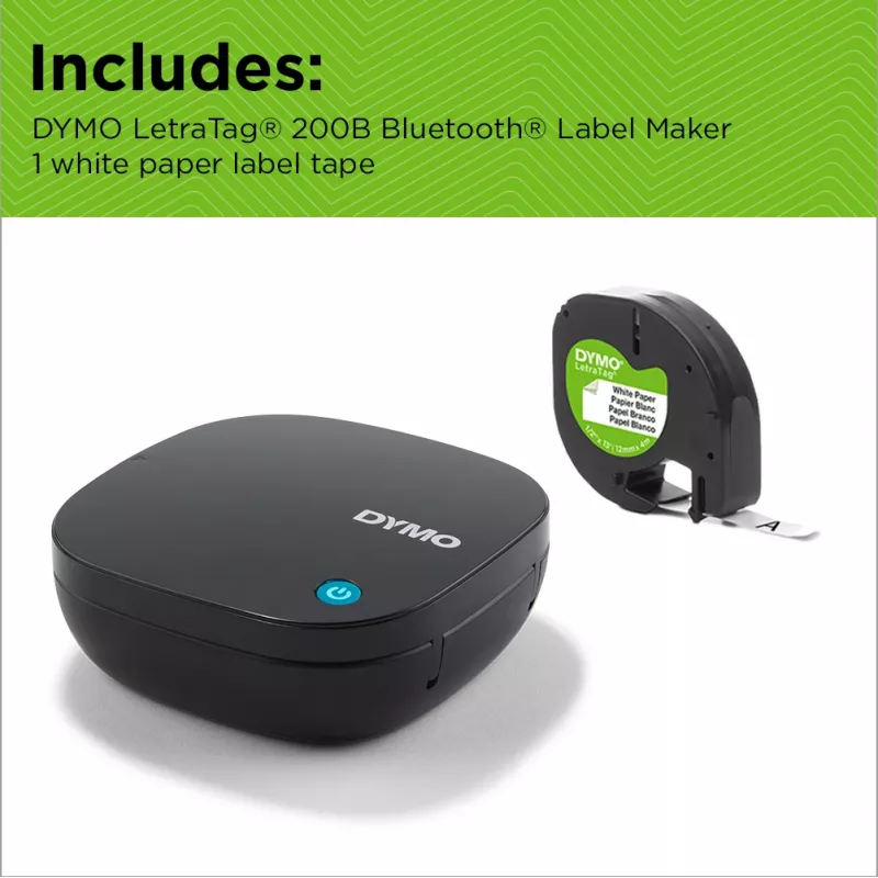 DYMO LetraTag 200B Bluetooth -tarratulostin | kompakti tarratulostin | yhdistyy langattoman Bluetooth-teknologian kautta iOS- ja Android-laitteisiin | sisältää 1 valkoisen paperitarrarullan | musta