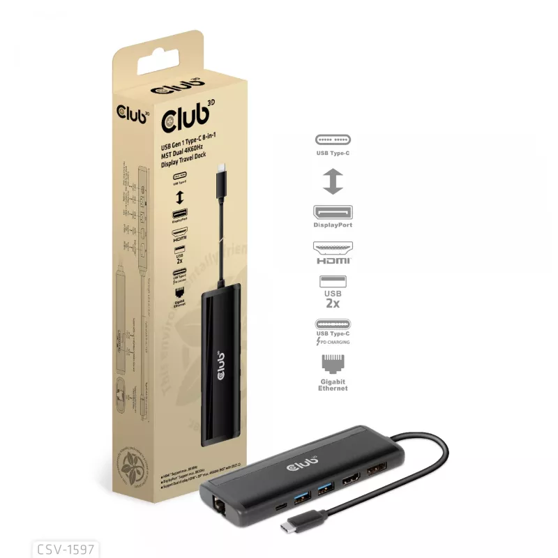 CLUB3D USB Gen 1 Type-C 8-in-1 MST Dual 4K60Hz Display matkatelakka