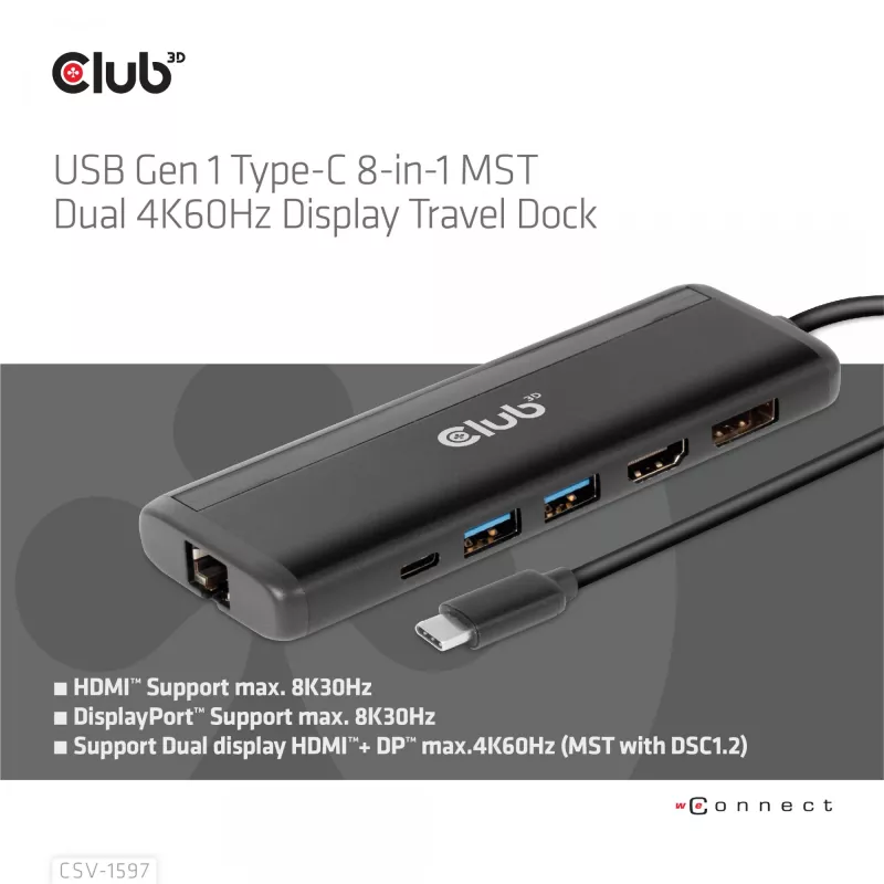 CLUB3D USB Gen 1 Type-C 8-in-1 MST Dual 4K60Hz Display matkatelakka