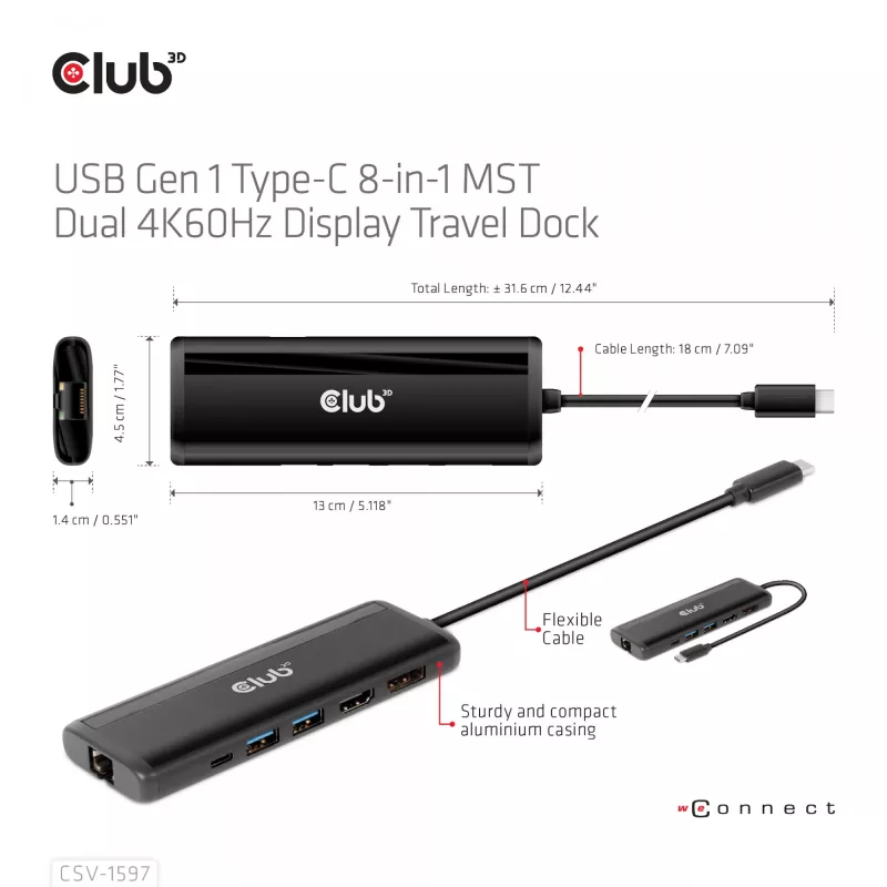 CLUB3D USB Gen 1 Type-C 8-in-1 MST Dual 4K60Hz Display matkatelakka
