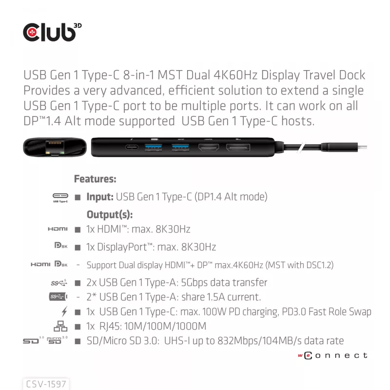CLUB3D USB Gen 1 Type-C 8-in-1 MST Dual 4K60Hz Display matkatelakka