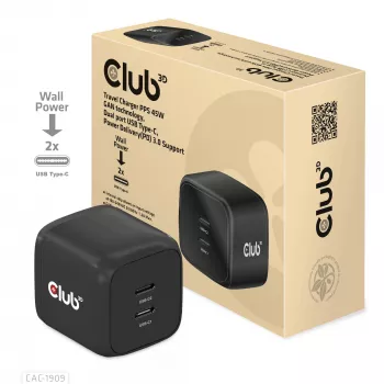 CLUB3D matkalaturi PPS 45W GAN-teknologia, kaksi porttia USB Type-C, Power Delivery (PD) 3.0 -tuki