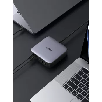 Ugreen 40914 Nexode 200W GaN työpöytä-USB-C-USB-A-laturi, sisäkäyttöön, AC, 21 V, 5 A, 2 m, musta, harmaa