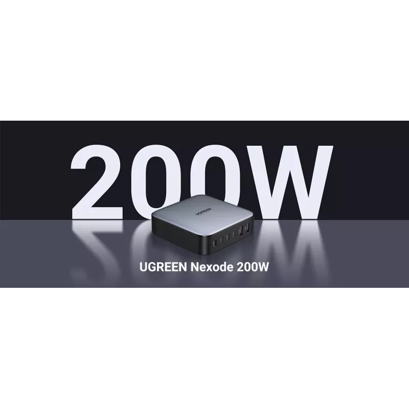 Ugreen 40914 Nexode 200W GaN työpöytä-USB-C-USB-A-laturi, sisäkäyttöön, AC, 21 V, 5 A, 2 m, musta, harmaa