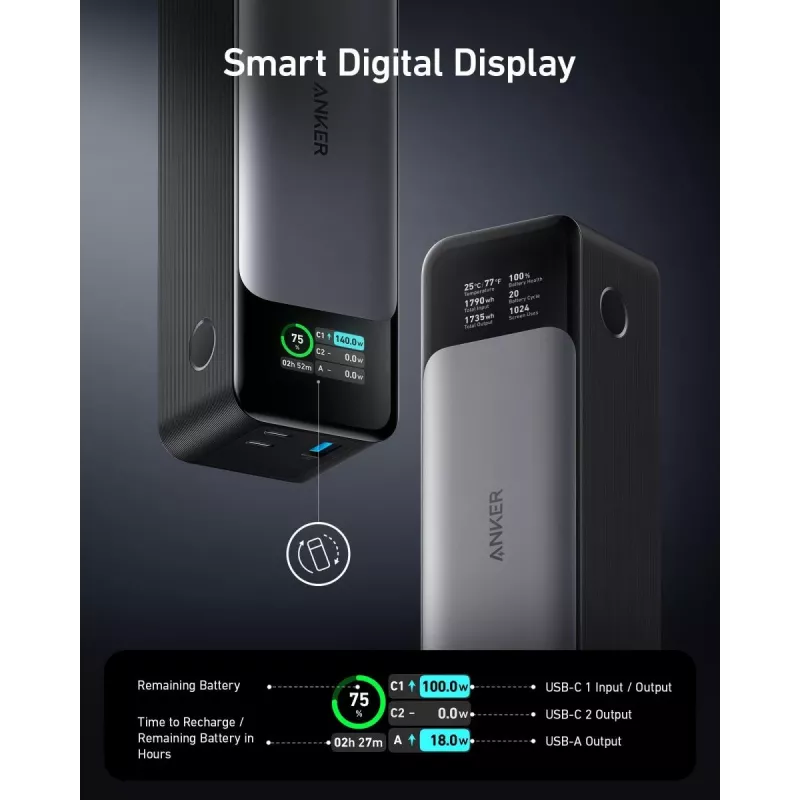 Kannettava laturi Anker 737 (A1289011) – 24000 mAh, 140 W, 2× USB-C + 1× USB-A, hopea/musta