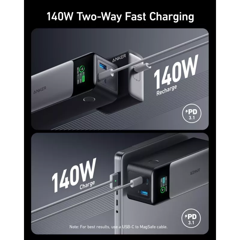 Kannettava laturi Anker 737 (A1289011) – 24000 mAh, 140 W, 2× USB-C + 1× USB-A, hopea/musta
