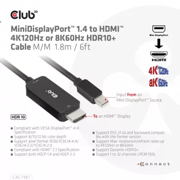 CLUB3D MiniDisplayPort 1.4 - HDMI 4K120Hz tai 8K60Hz HDR10+ kaapeli M/M 1,8m / 6ft