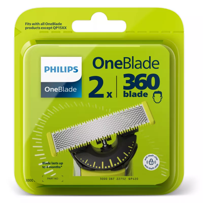 Leikkuupää Philips Norelco OneBlade QP420/50, hopea, 2 varaleikkuupäätä, yhteensopiva Philips OneBladen kanssa