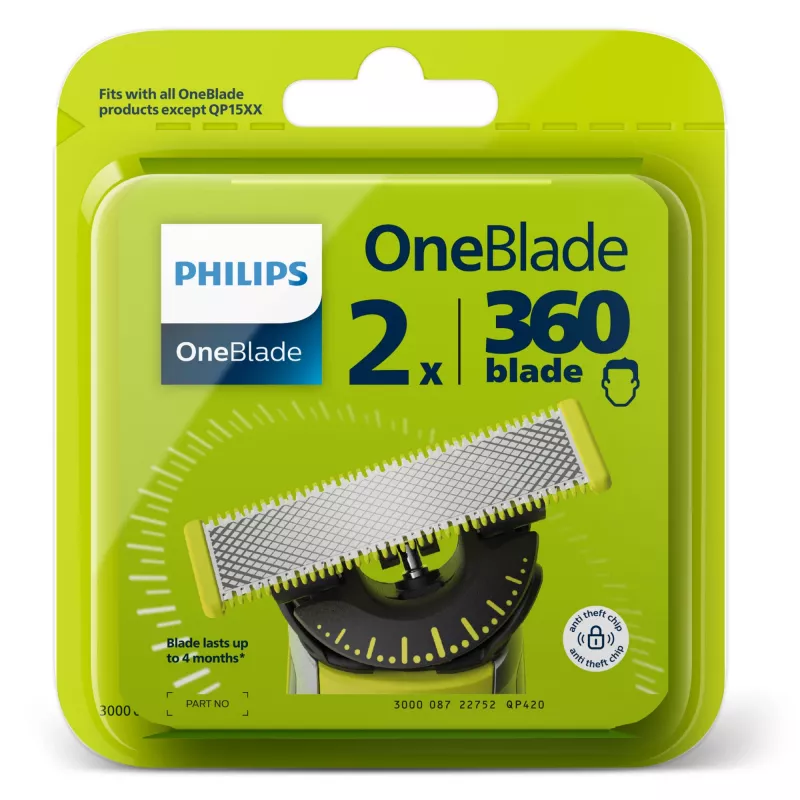 Leikkuupää Philips Norelco OneBlade QP420/50, hopea, 2 varaleikkuupäätä, yhteensopiva Philips OneBladen kanssa