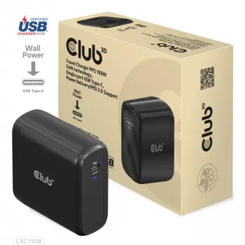 CLUB3D matkalaturi 100 wattia GaN-teknologia, USB-IF TID -sertifioitu, yksi liitäntä USB Type-C, Power Delivery (PD) 3.0 -tuki