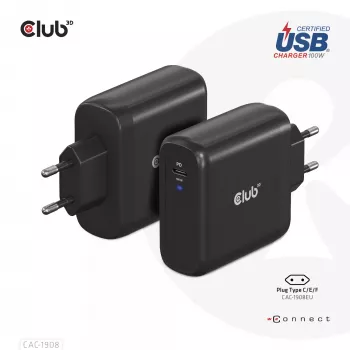 CLUB3D matkalaturi 100 wattia GaN-teknologia, USB-IF TID -sertifioitu, yksi liitäntä USB Type-C, Power Delivery (PD) 3.0 -tuki