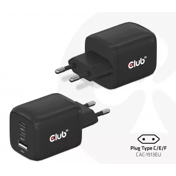 CLUB3D matkalaturi PPS 65 W GaN-teknologia, kolmiliitäntäinen (2x USB Type-C + USB Type-A) Power Delivery (PD) 3.0 -tuki