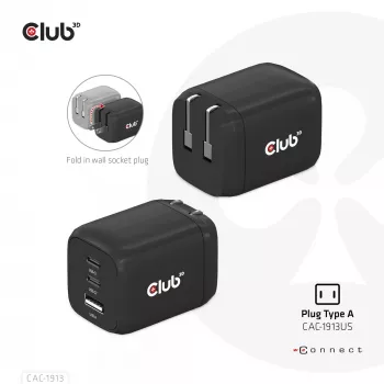 CLUB3D matkalaturi PPS 65 W GaN-teknologia, kolmiliitäntäinen (2x USB Type-C + USB Type-A) Power Delivery (PD) 3.0 -tuki