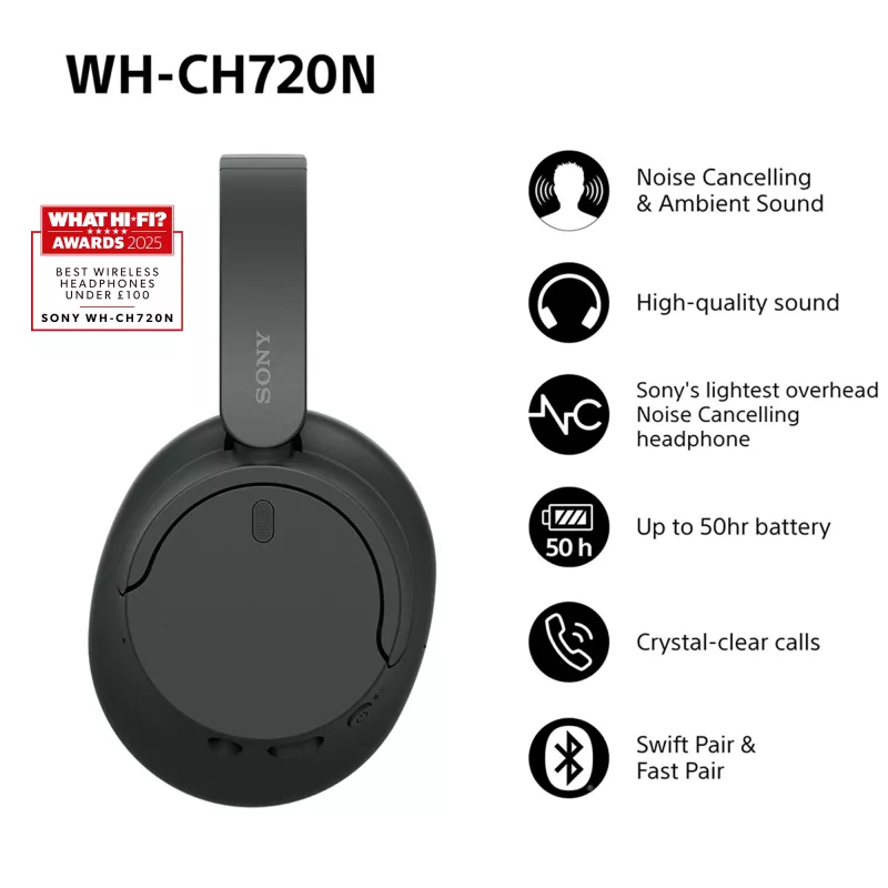Sony WH-CH720N langattomat melua vaimentavat kuulokkeet, musta (WHCH720NB.CE7)