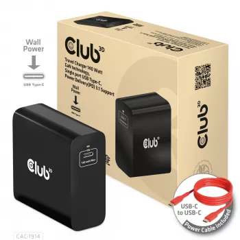 CLUB3D matkalaturi 140 Watt GaN-teknologia, yksiporttinen USB Type-C, Power Delivery (PD) 3.1 tuki