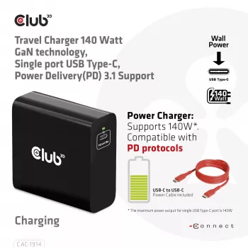 CLUB3D matkalaturi 140 Watt GaN-teknologia, yksiporttinen USB Type-C, Power Delivery (PD) 3.1 tuki