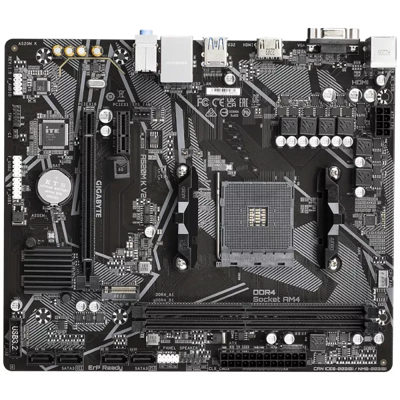 GIGABYTE A520M K V2 emolevy - tukee AMD Ryzen 5000 -sarjaa AM4 CPU, jopa 5100MHz DDR4 (OC), PCIe Gen3 x4 M.2, GbE LAN, USB 3.2 Gen 1