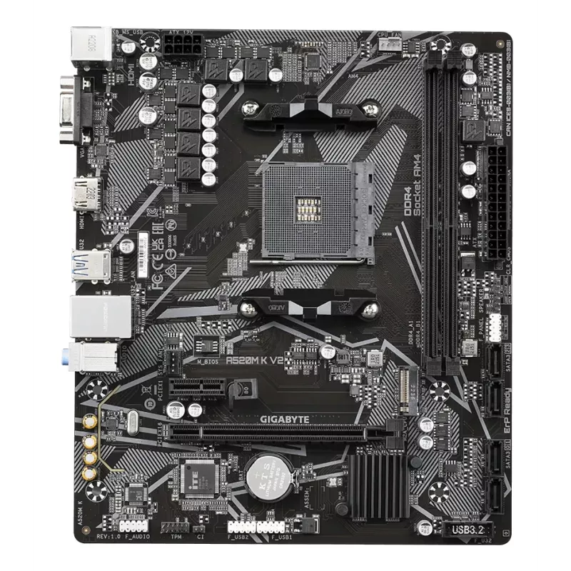 GIGABYTE A520M K V2 emolevy - tukee AMD Ryzen 5000 -sarjaa AM4 CPU, jopa 5100MHz DDR4 (OC), PCIe Gen3 x4 M.2, GbE LAN, USB 3.2 Gen 1