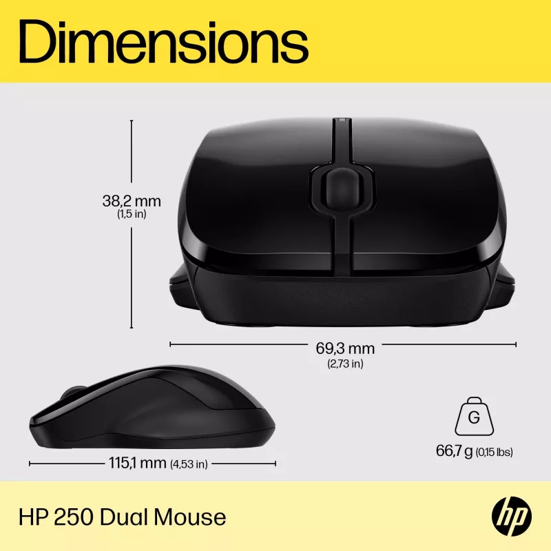HP 250 Dual hiiri, molempikätinen, Bluetooth + USB Type-A, 1600 DPI, musta