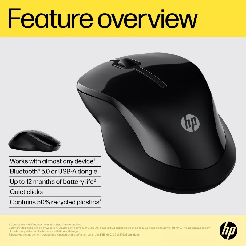 HP 250 Dual hiiri, molempikätinen, Bluetooth + USB Type-A, 1600 DPI, musta