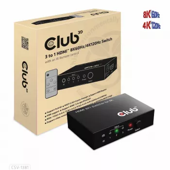 CLUB3D 3-1 HDMI™ 8K60Hz/4K120Hz -kytkin, 7680 x 4320 pikseliä, 8K Ultra HD, musta