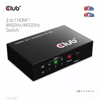 CLUB3D 3-1 HDMI™ 8K60Hz/4K120Hz -kytkin, 7680 x 4320 pikseliä, 8K Ultra HD, musta