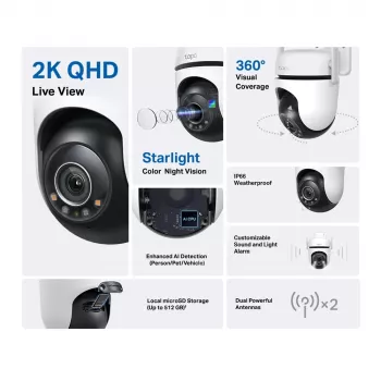 TP-Link Tapo Outdoor Pan/Tilt Security Wi-Fi Camera, IP-valvontakamera, sisä- ja ulkokäyttöön, langaton, CE, FCC, RoHS, RCM, kattoasennus, musta, valkoinen
