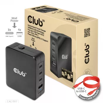 CLUB3D International Travel Charger 140W GaN-teknologia, neljä porttia USB Type-A (1x) ja -C (3x), PPS + Power Delivery (PD) 3.1 -tuki