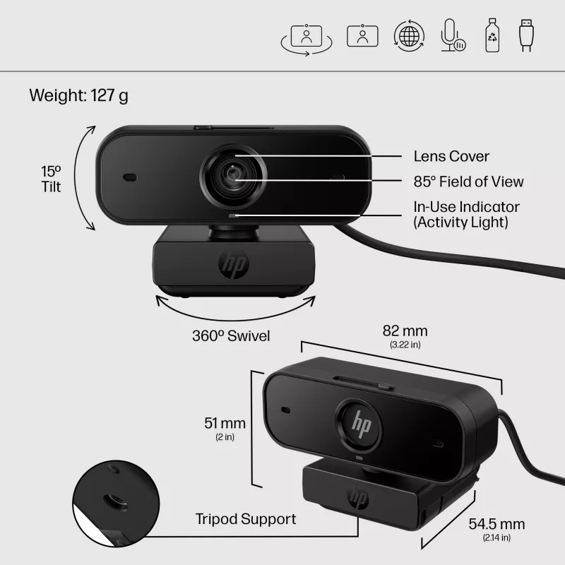 HP 430 FHD web-kamera, 2 MP, 1920 x 1080 pikseliä, Full HD, 60 fps, 85°, koti