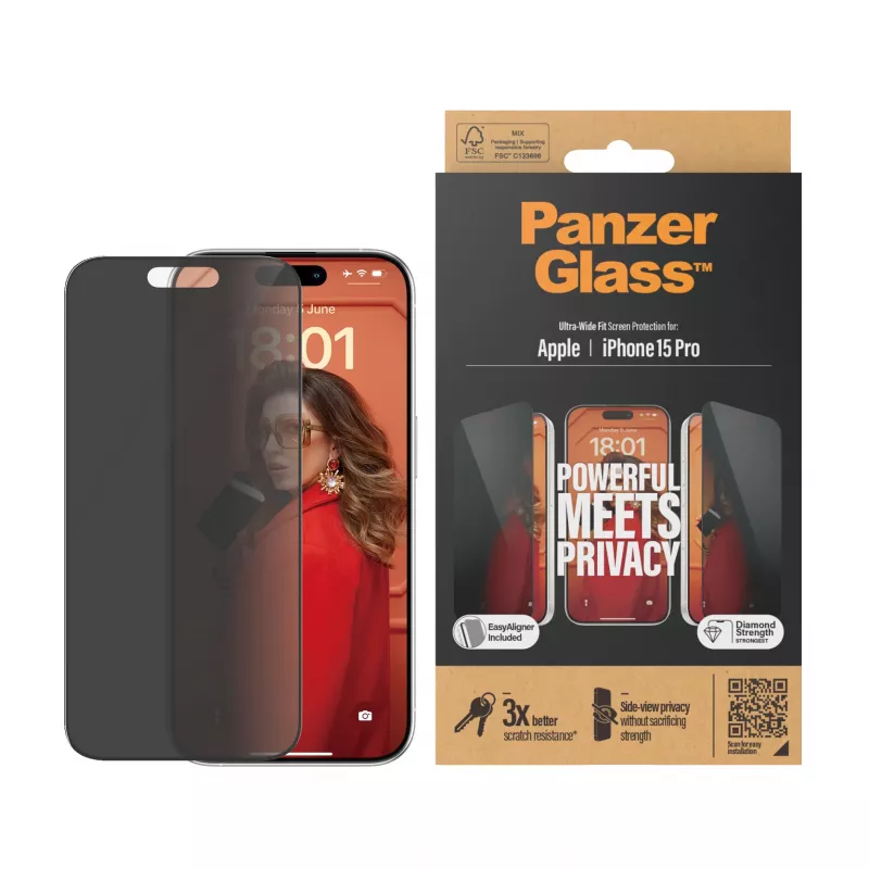 PanzerGlass ® tietosuojanäytönsuojakalvo iPhone 15 Pro | Ultra-Wide Fit EasyAlignerilla