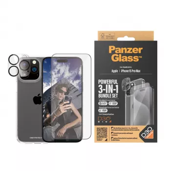 PanzerGlass ® 3-in-1-paketti iPhone 15 Pro Max, Apple, Apple - iPhone 15 Pro Max, kuivakäyttö, iskunkestävä, läpinäkyvä, 1 kpl