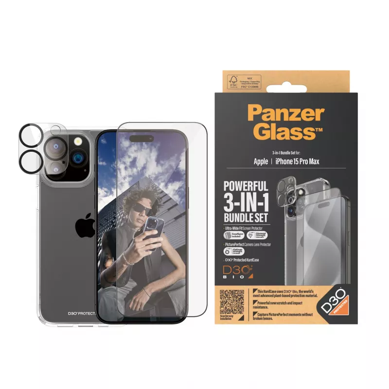 PanzerGlass ® 3-in-1-paketti iPhone 15 Pro Max, Apple, Apple - iPhone 15 Pro Max, kuivakäyttö, iskunkestävä, läpinäkyvä, 1 kpl