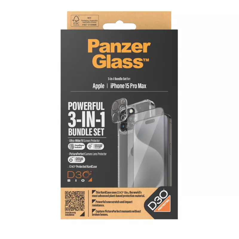 PanzerGlass ® 3-in-1-paketti iPhone 15 Pro Max, Apple, Apple - iPhone 15 Pro Max, kuivakäyttö, iskunkestävä, läpinäkyvä, 1 kpl