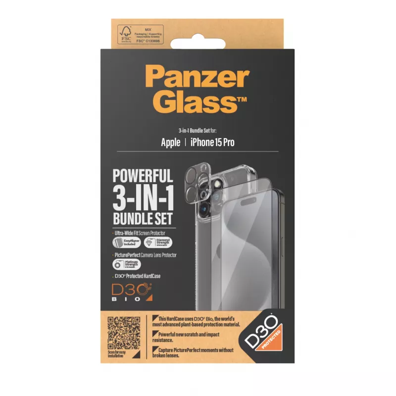 PanzerGlass 3-in-1-paketti iPhone 15 Pro Tempered Glass läpinäkyvä