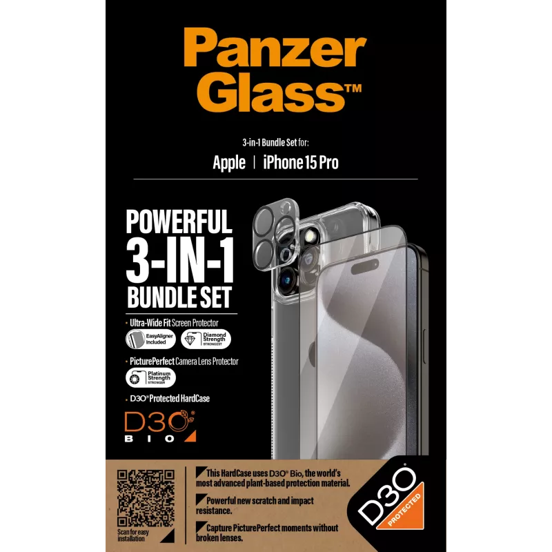PanzerGlass 3-in-1-paketti iPhone 15 Pro Tempered Glass läpinäkyvä