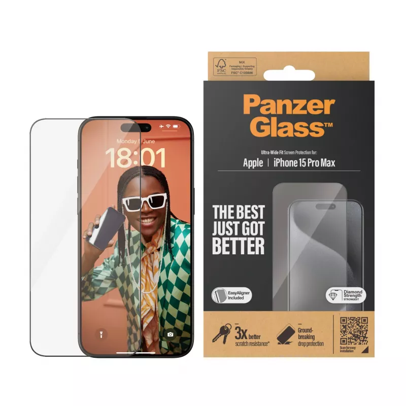 PanzerGlass ® näytönsuojakalvo iPhone 15 Pro Max | Ultra-Wide Fit EasyAlignerilla