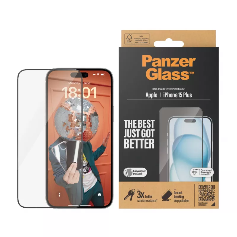 PanzerGlass ® näytönsuojakalvo iPhone 15 Plus | Ultra-Wide Fit EasyAlignerilla