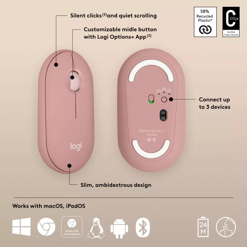 LOGITECH Pebble 2 M350s langaton optinen hiiri rose