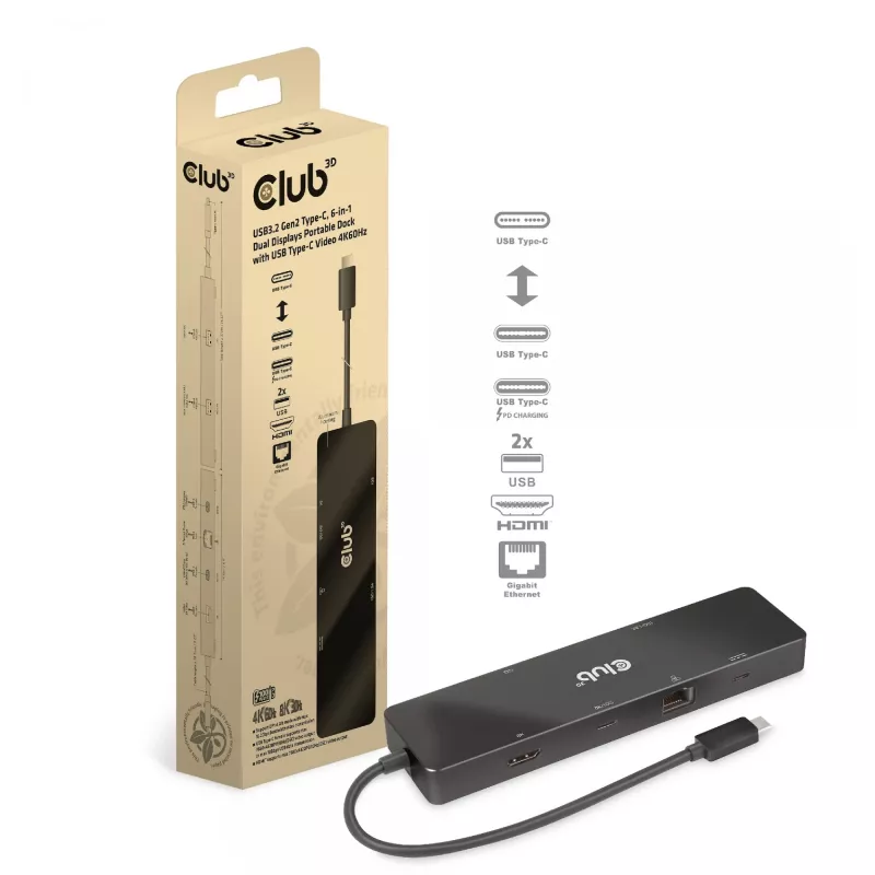 CLUB3D USB3.2 Gen2 Type-C, 6-in-1 kannettava Dual-Display-telakka, USB Type-C video 4K60Hz