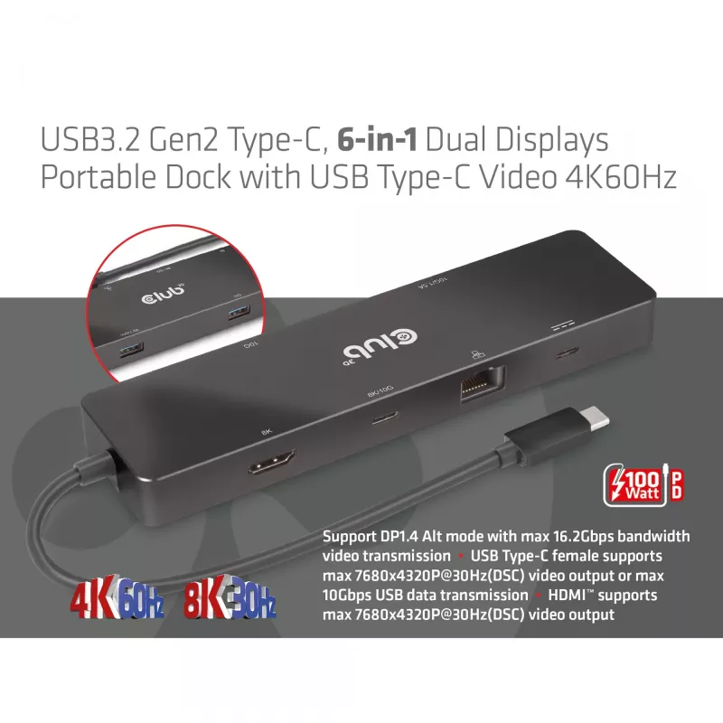 CLUB3D USB3.2 Gen2 Type-C, 6-in-1 kannettava Dual-Display-telakka, USB Type-C video 4K60Hz