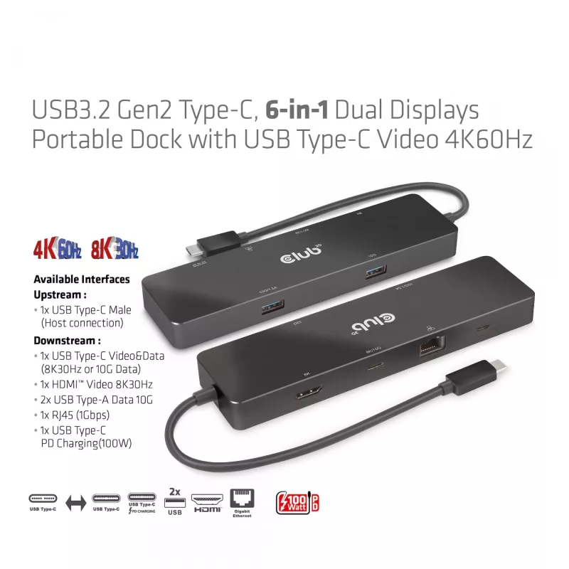 CLUB3D USB3.2 Gen2 Type-C, 6-in-1 kannettava Dual-Display-telakka, USB Type-C video 4K60Hz