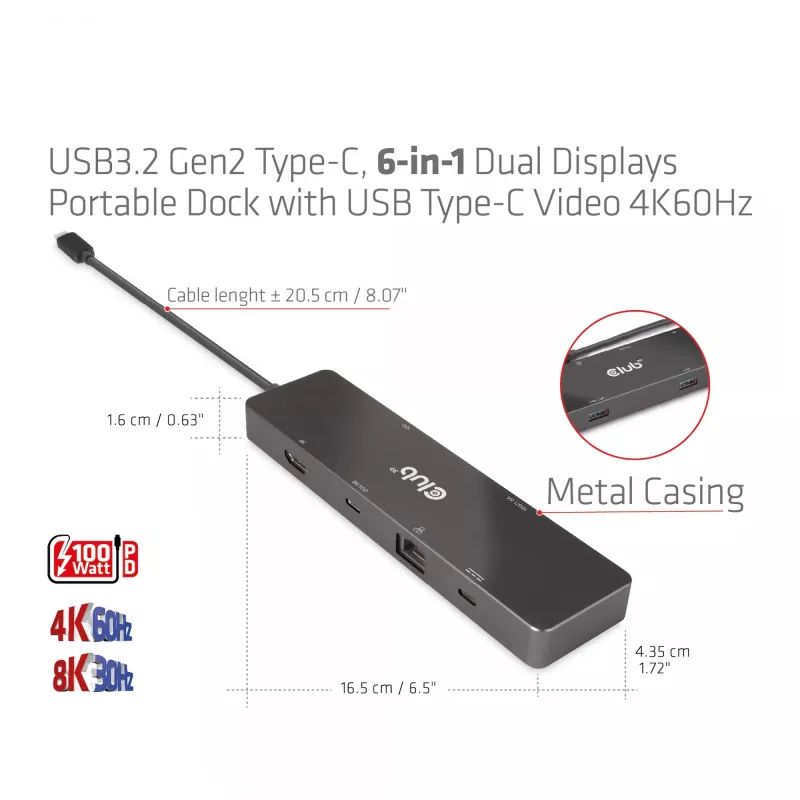 CLUB3D USB3.2 Gen2 Type-C, 6-in-1 kannettava Dual-Display-telakka, USB Type-C video 4K60Hz