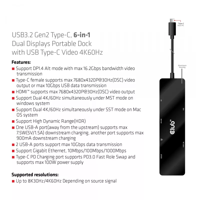 CLUB3D USB3.2 Gen2 Type-C, 6-in-1 kannettava Dual-Display-telakka, USB Type-C video 4K60Hz