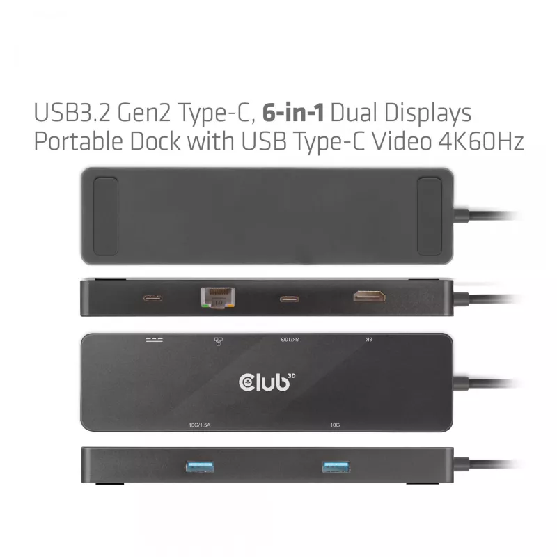 CLUB3D USB3.2 Gen2 Type-C, 6-in-1 kannettava Dual-Display-telakka, USB Type-C video 4K60Hz