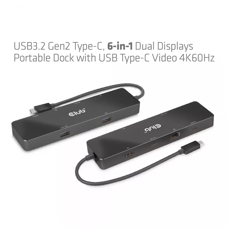 CLUB3D USB3.2 Gen2 Type-C, 6-in-1 kannettava Dual-Display-telakka, USB Type-C video 4K60Hz