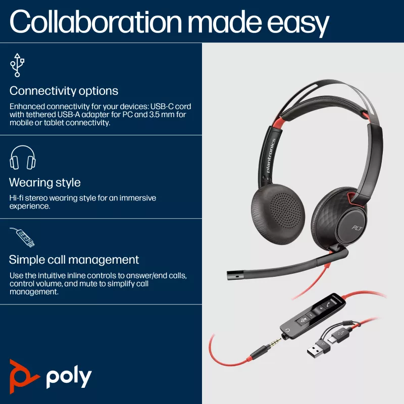 HP Poly Blackwire 5220 stereo USB-C -kuulokemikrofoni + 3,5 mm liitin + USB-C/A-sovitin