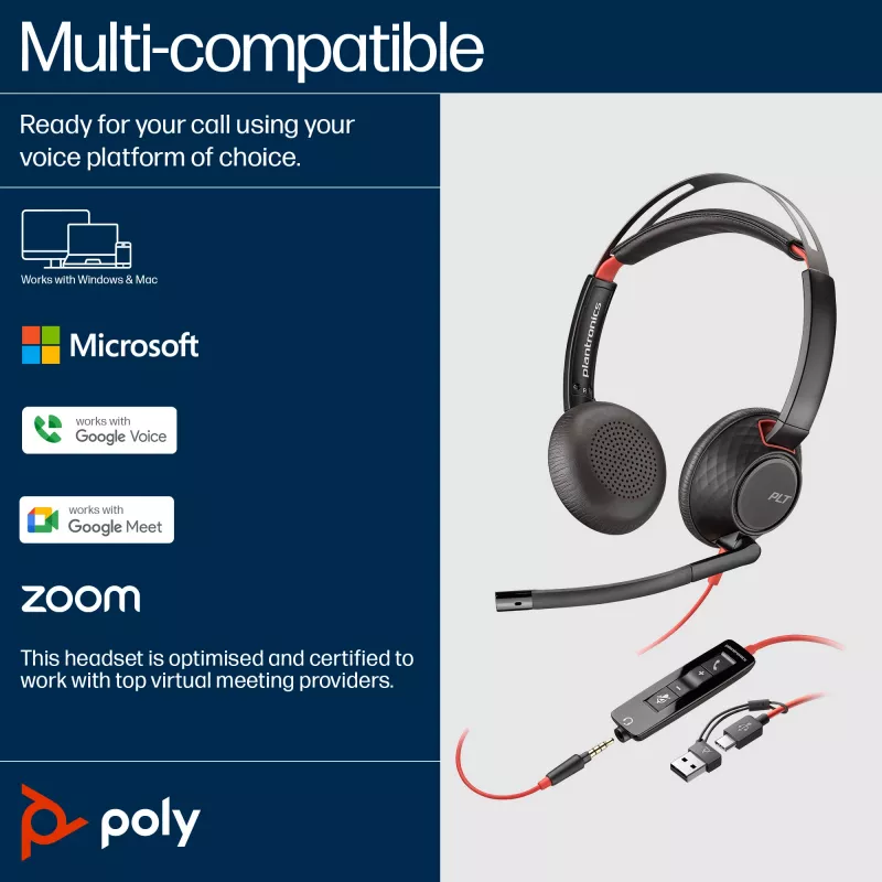 HP Poly Blackwire 5220 stereo USB-C -kuulokemikrofoni + 3,5 mm liitin + USB-C/A-sovitin
