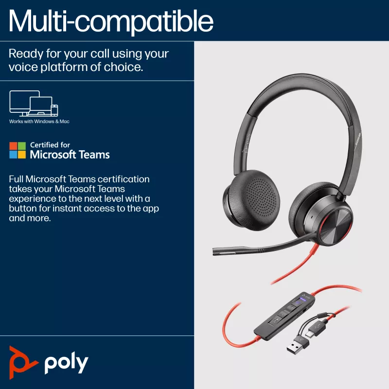 HP Poly Blackwire 8225 stereo Microsoft Teams -sertifioitu USB-C-kuulokemikrofoni + USB-C/A-sovitin