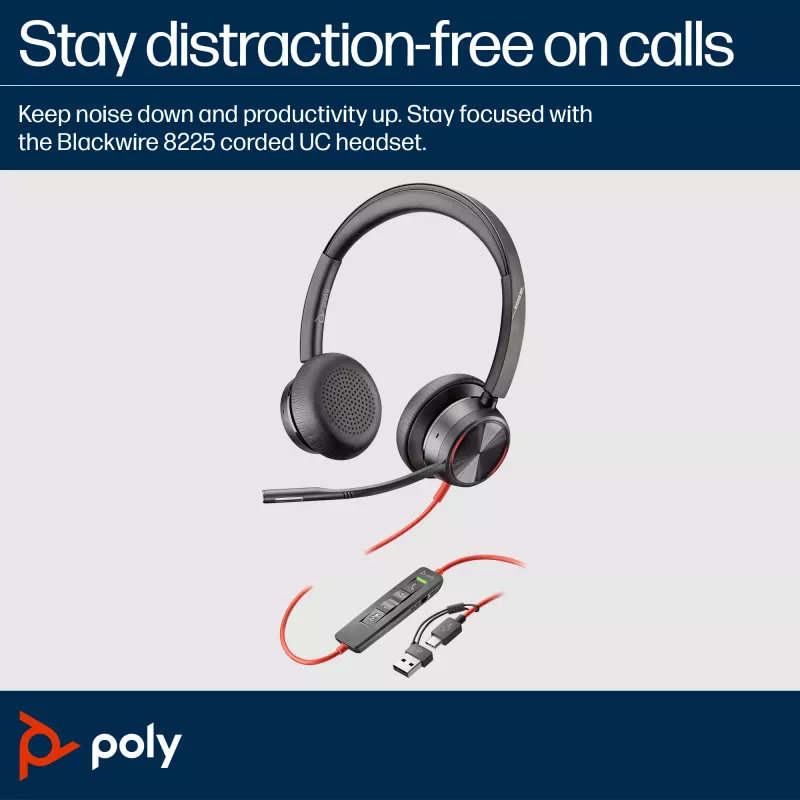 HP Poly Blackwire 8225 stereo Microsoft Teams -sertifioitu USB-C-kuulokemikrofoni + USB-C/A-sovitin